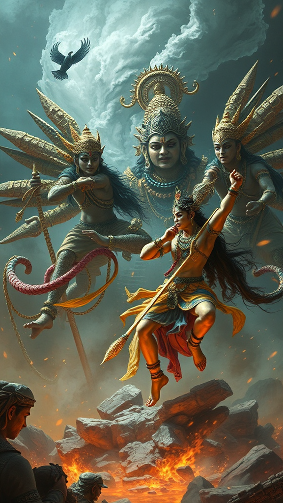 Lord Krishna defeating Narakasura in a legendary battle.