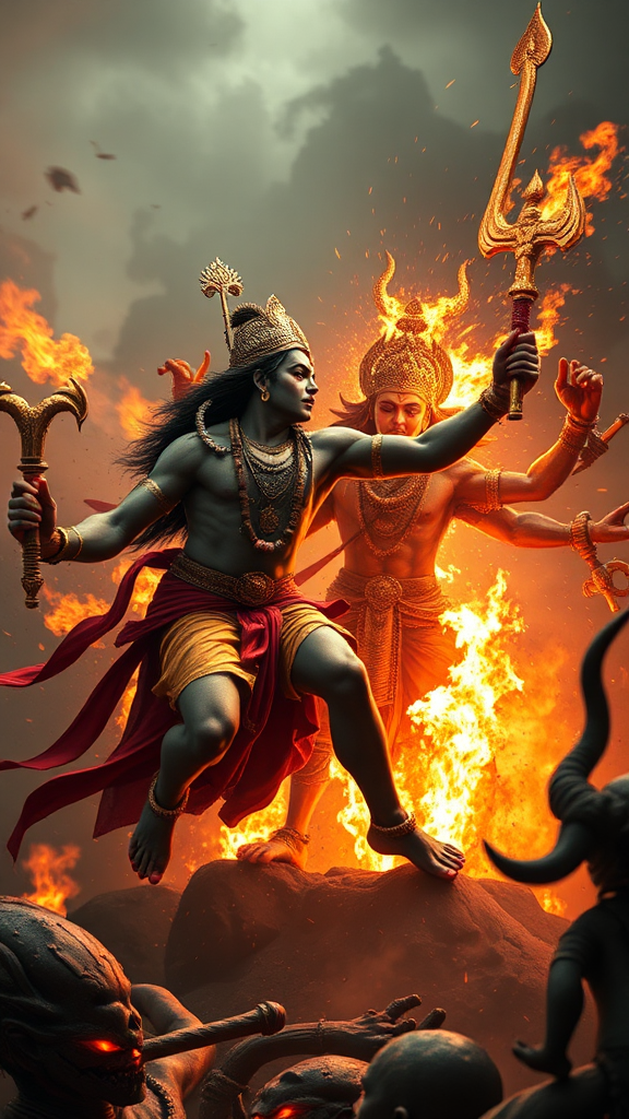 Lord Krishna defeats Narakasura demon, intense battle scene.