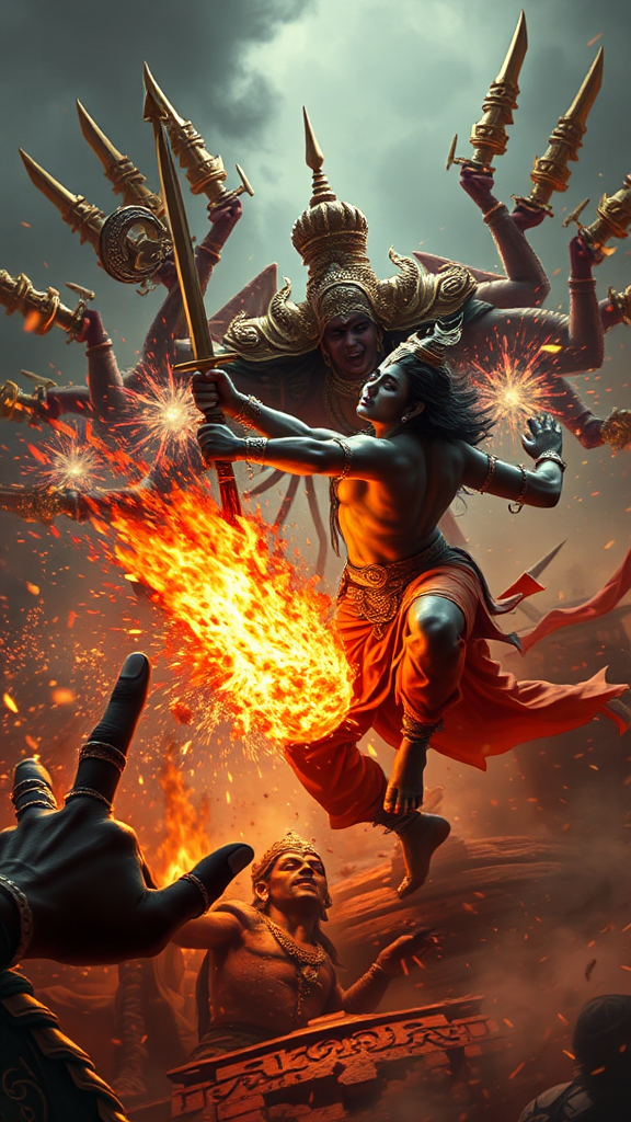 Lord Krishna defeats narakasura in fierce battle.