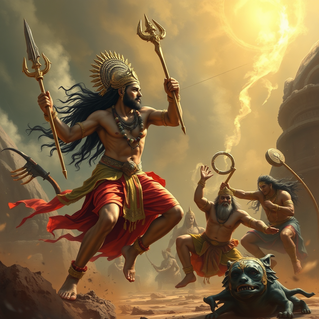 Lord Rama defeats Ravana in a fierce battle.