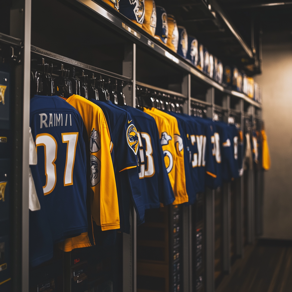 Los Angeles Rams jerseys in locker room, high resolution.