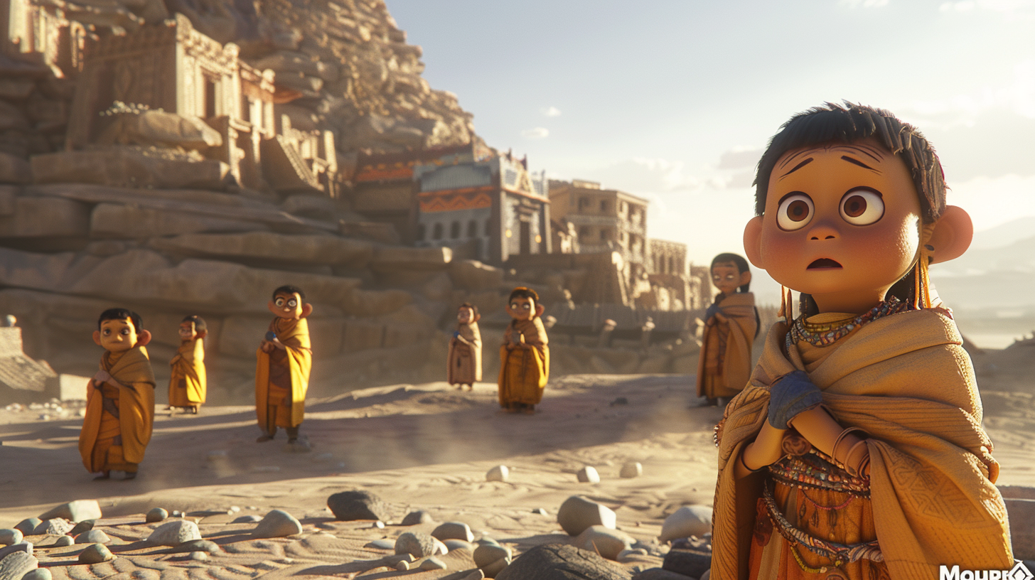 Lost characters in desert village ruins, Pixar-style setting