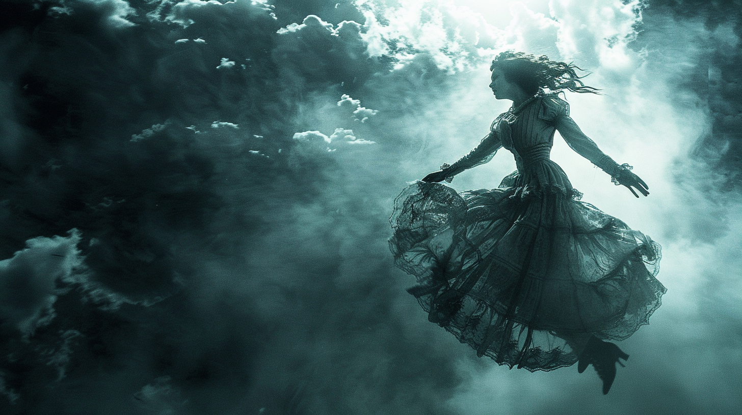 Lost woman in old dress in dark space.