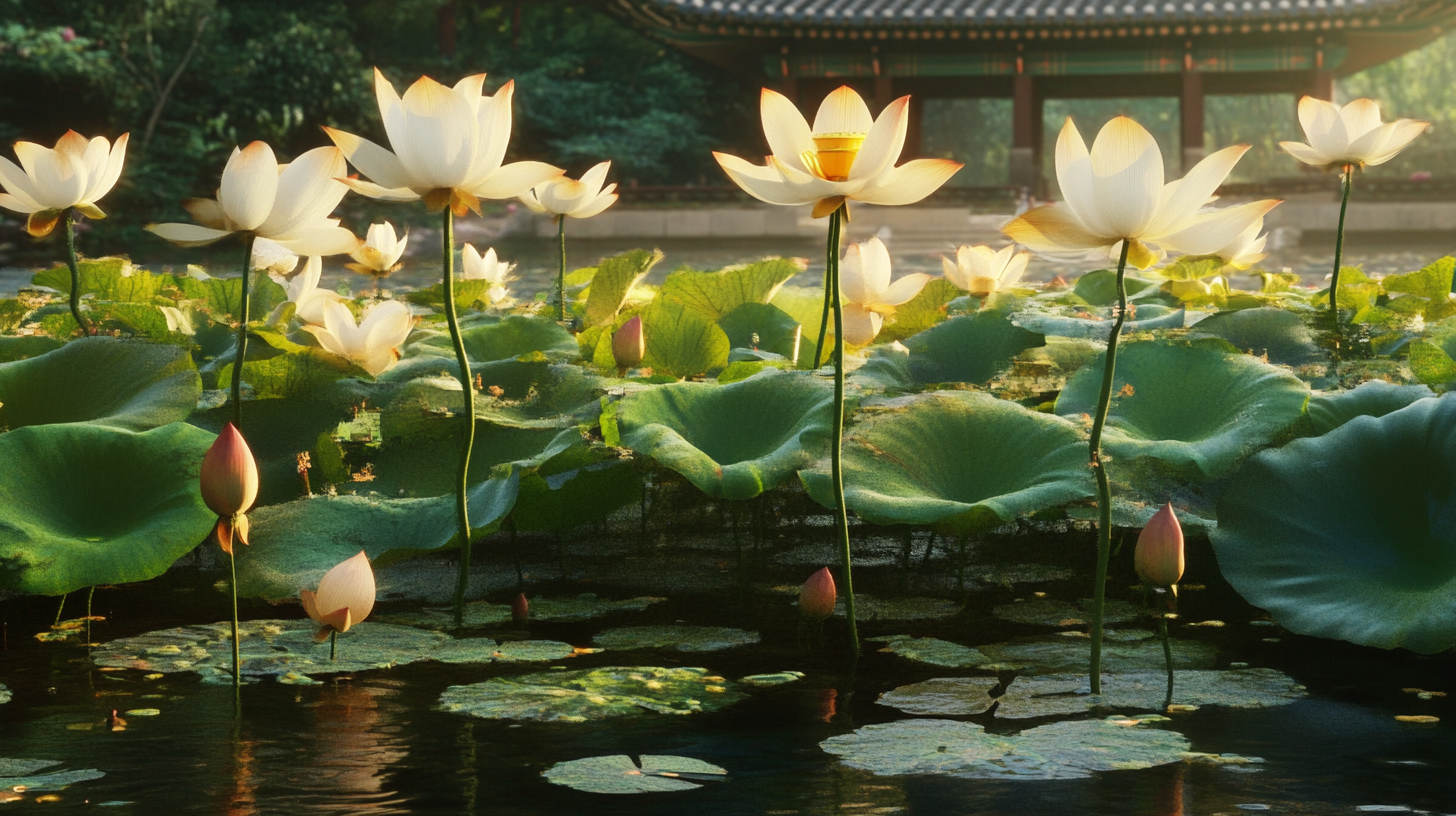 Lotus pond with Korean temple in background.