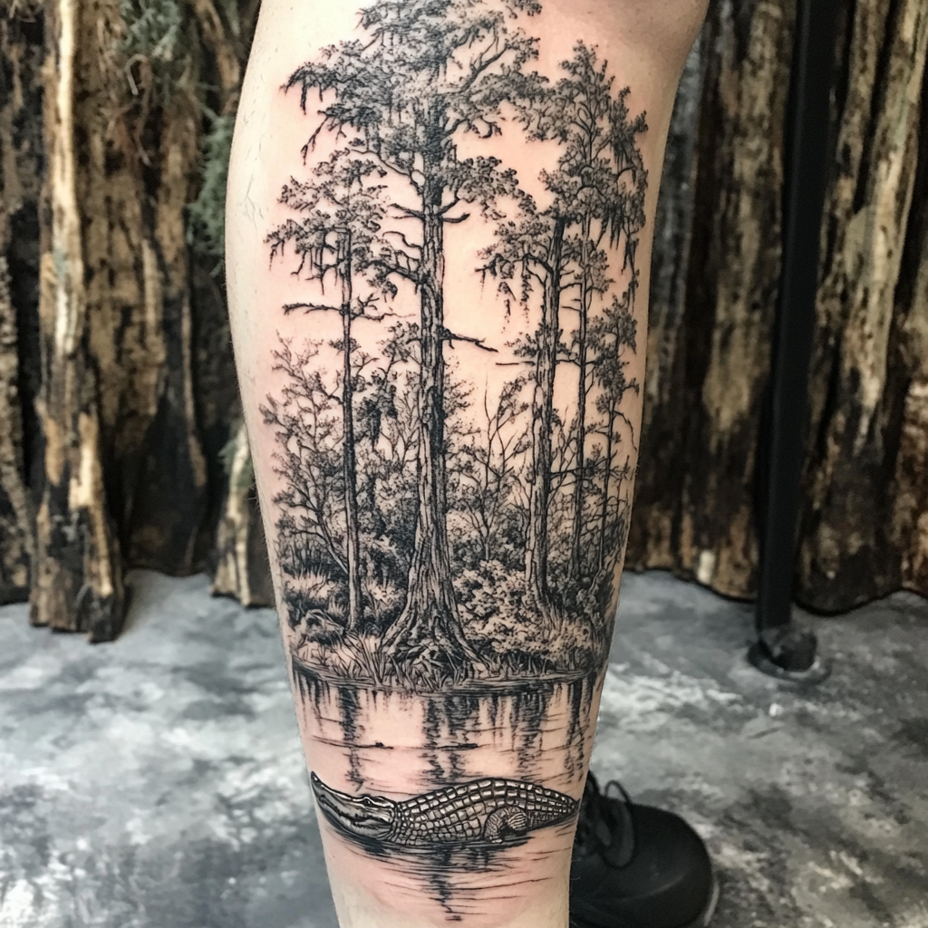 Louisiana swamp design tattoo: gator, cypress trees on forearm.