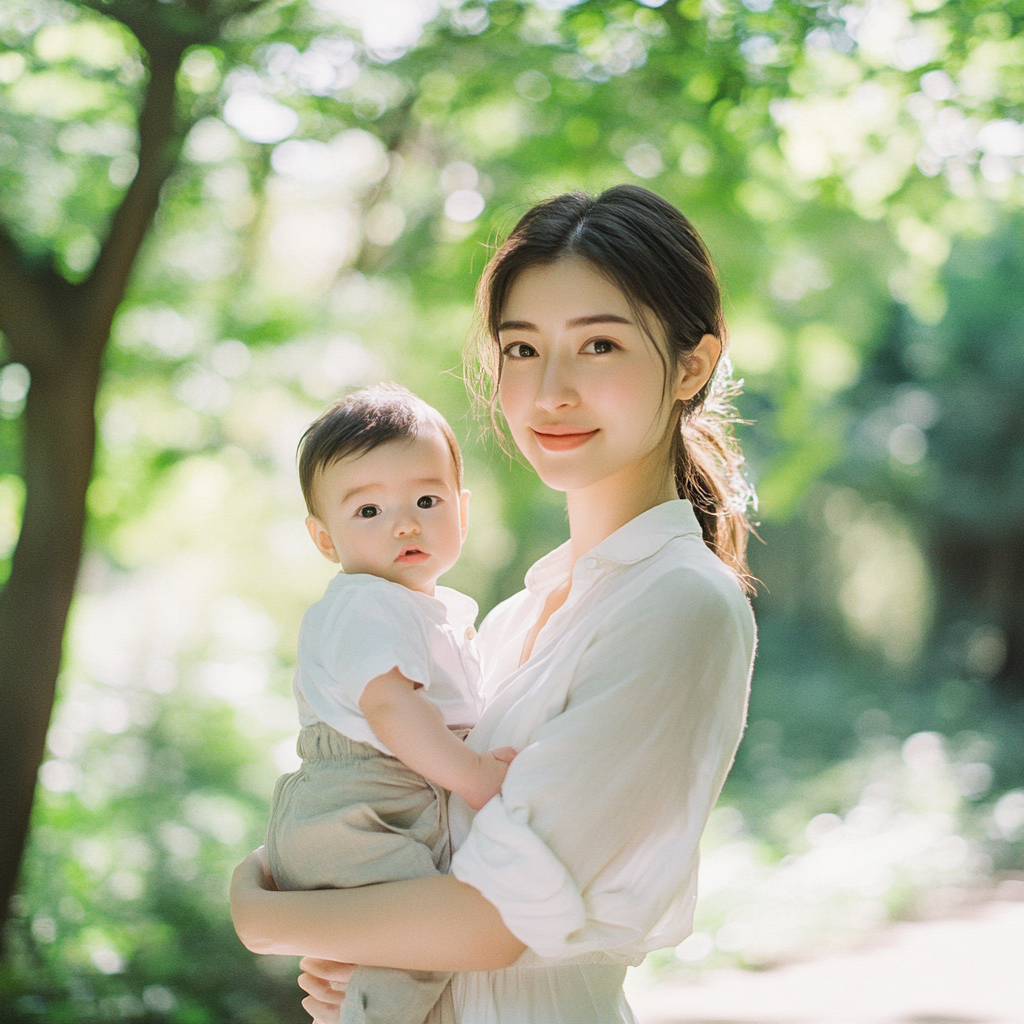 Loving Japanese Mother and Baby in Sunny Park