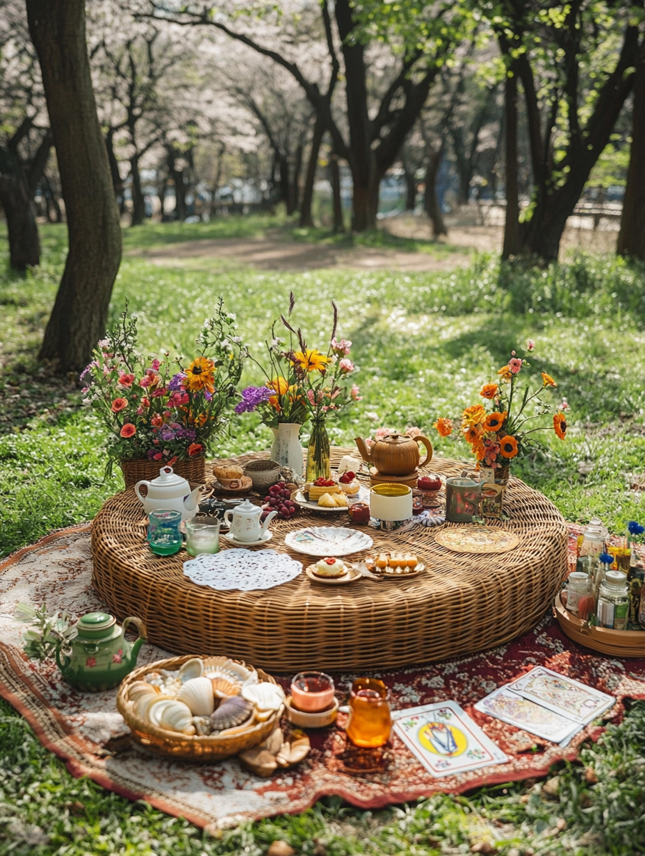 Low altar with flowers and decorations, 90s Japanese style.