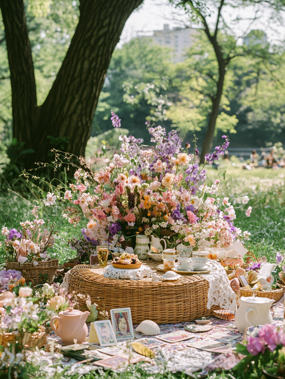 Low altar with wicker table, spring flowers, Japanese style.