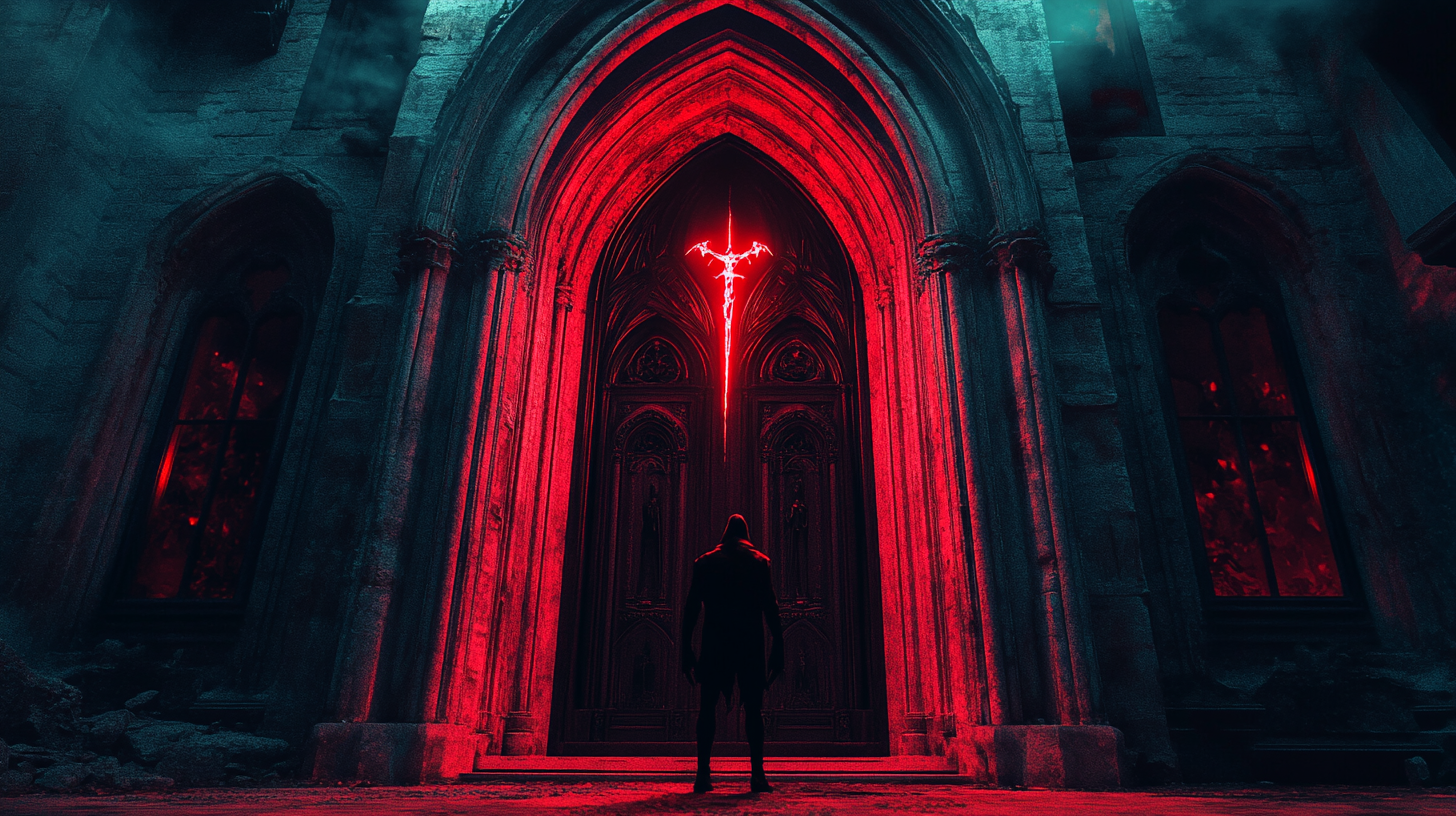 Low angle shot depicting satanic church entrance with manuelino touches, dark sky, and huge demon in front.