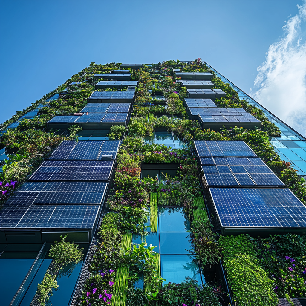 Low angle wide shot of modern eco-friendly architecture with solar panels, gardens, energy-efficient windows, sustainability, harmony with nature.