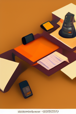 Low poly office table, people working, documents, phone.