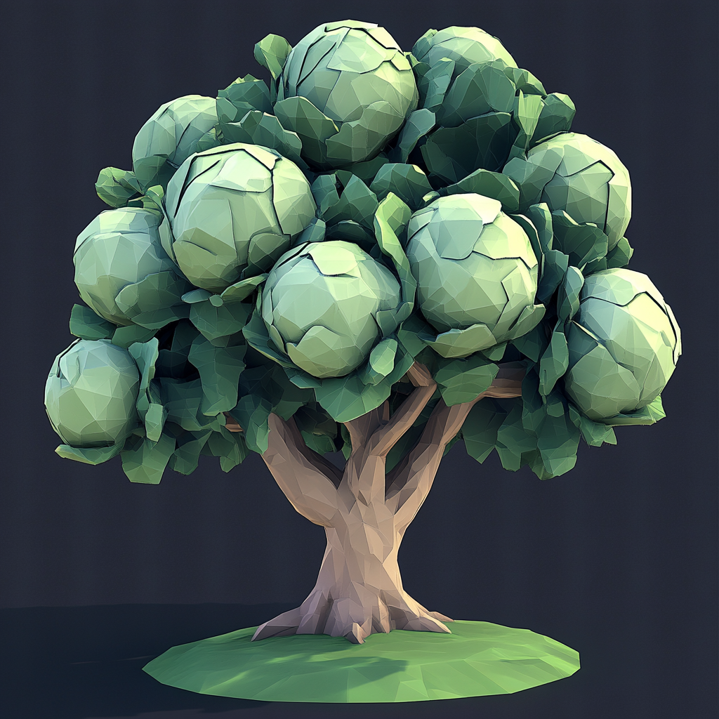 Low poly tree with big cabbages in game. Simple, geometric shapes with focus on lighting.