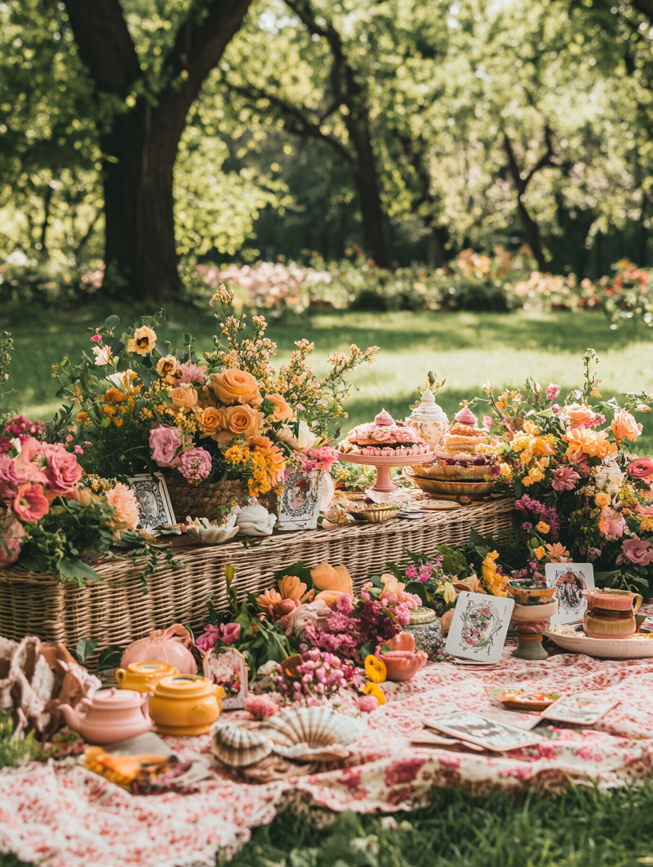 Low wicker altar with colorful flowers in park picnic.