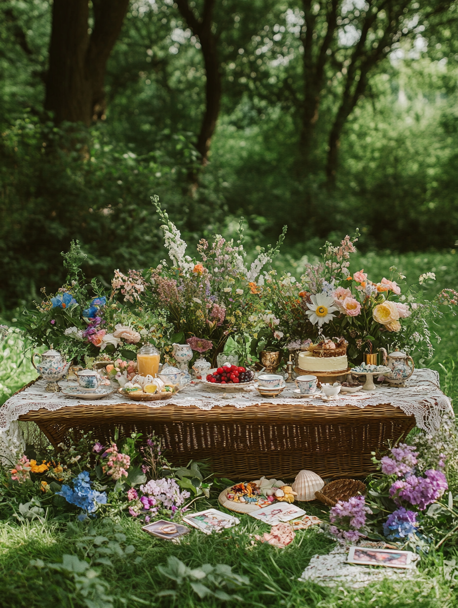 Low wicker altar with spring flowers, nostalgic 90s vibe.