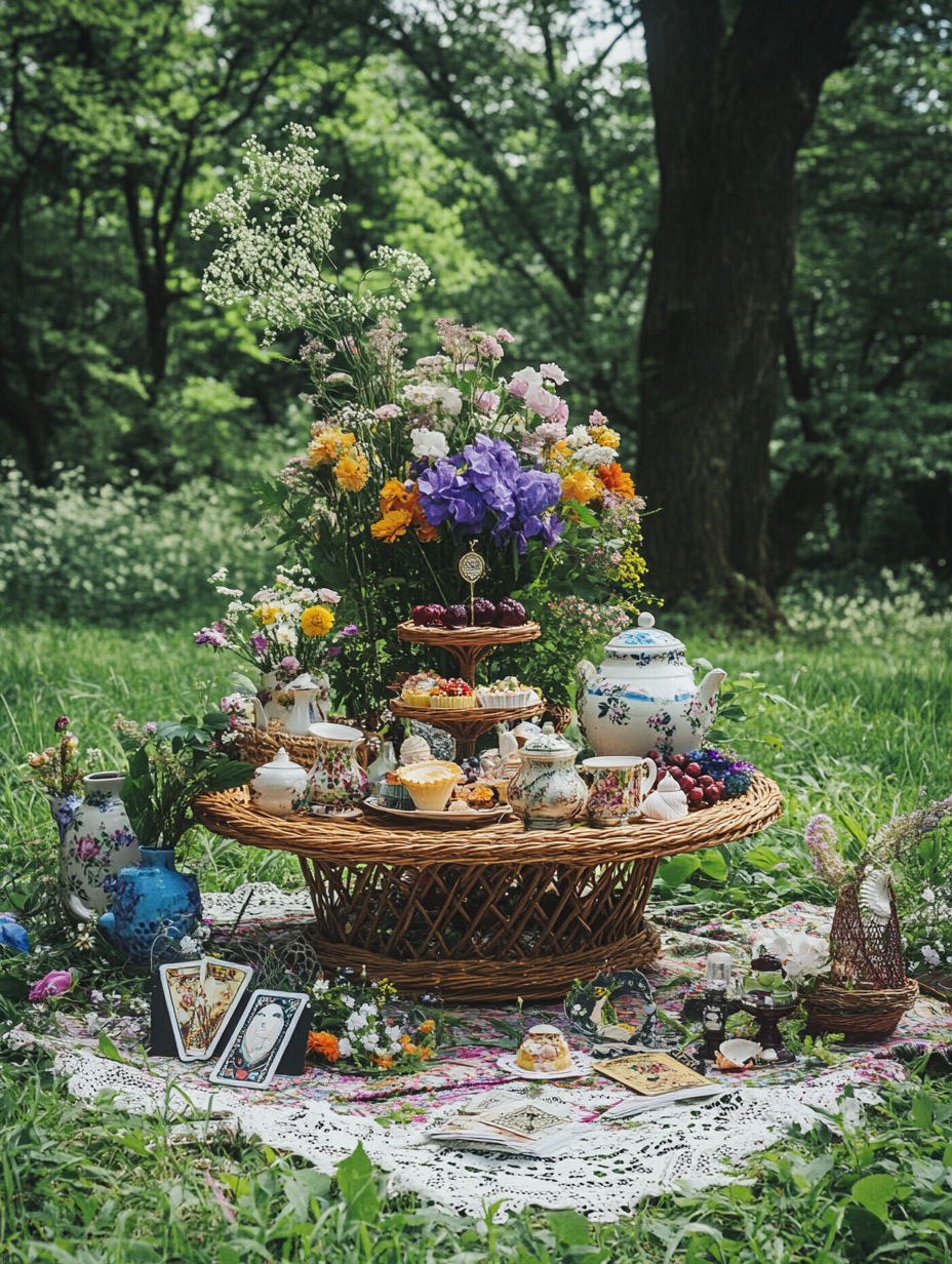 Low wicker altar with spring flowers in Japan park.