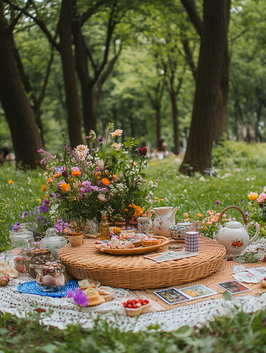 Low wicker altar with spring flowers in park picnic.