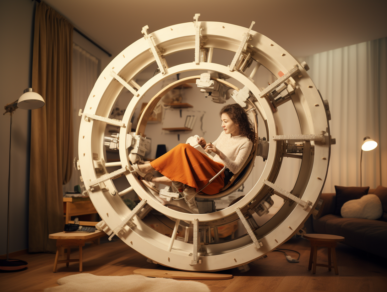 Woman Struggling on Giant Hamster Wheel