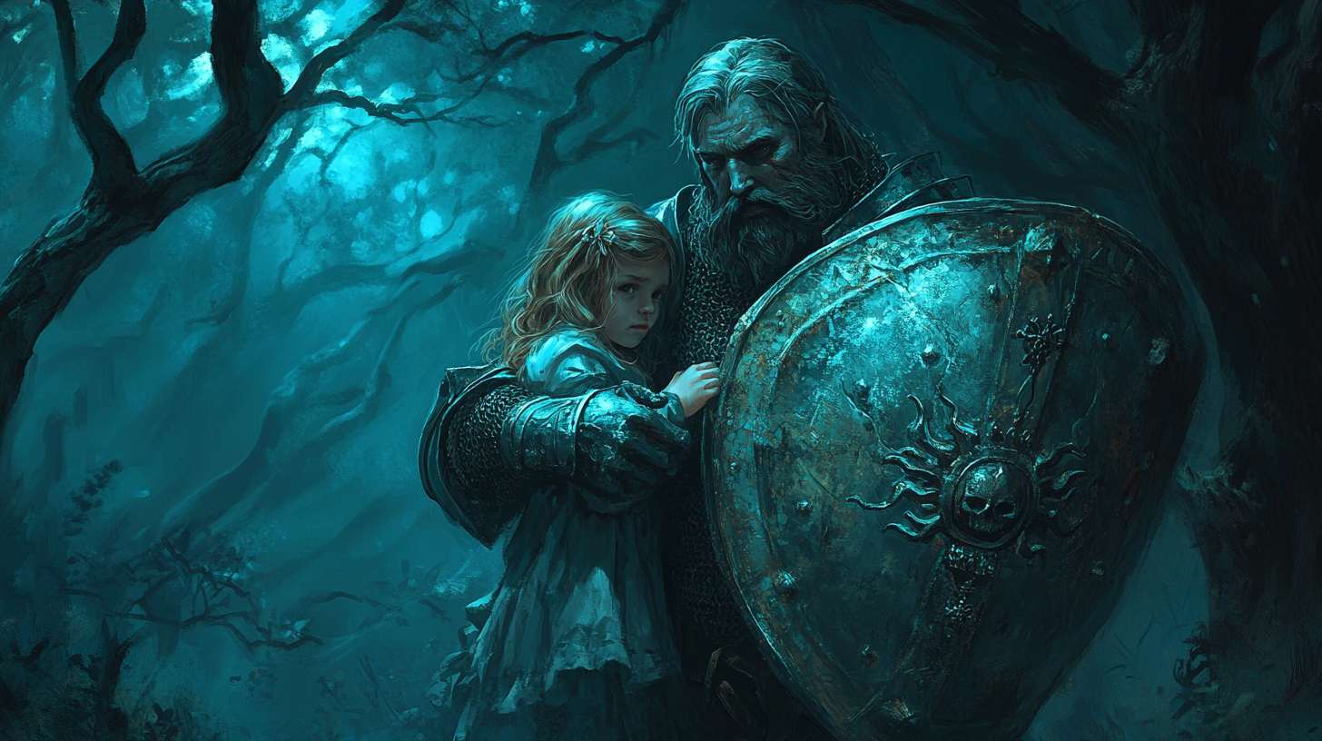 Loyal Knight Protecting Daughter in Eerie Forest