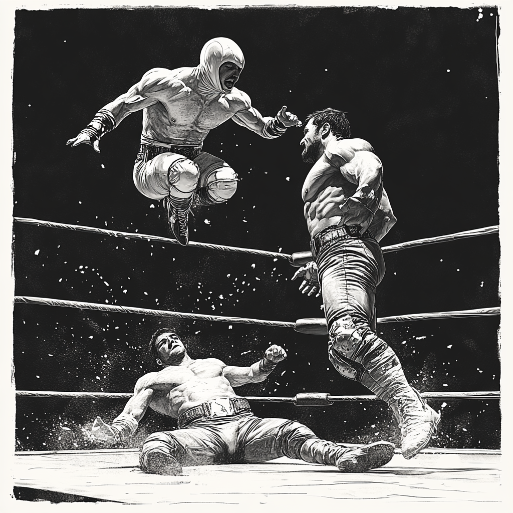 Lucha Libre wrestlers in mid-air flip, sketch artwork.