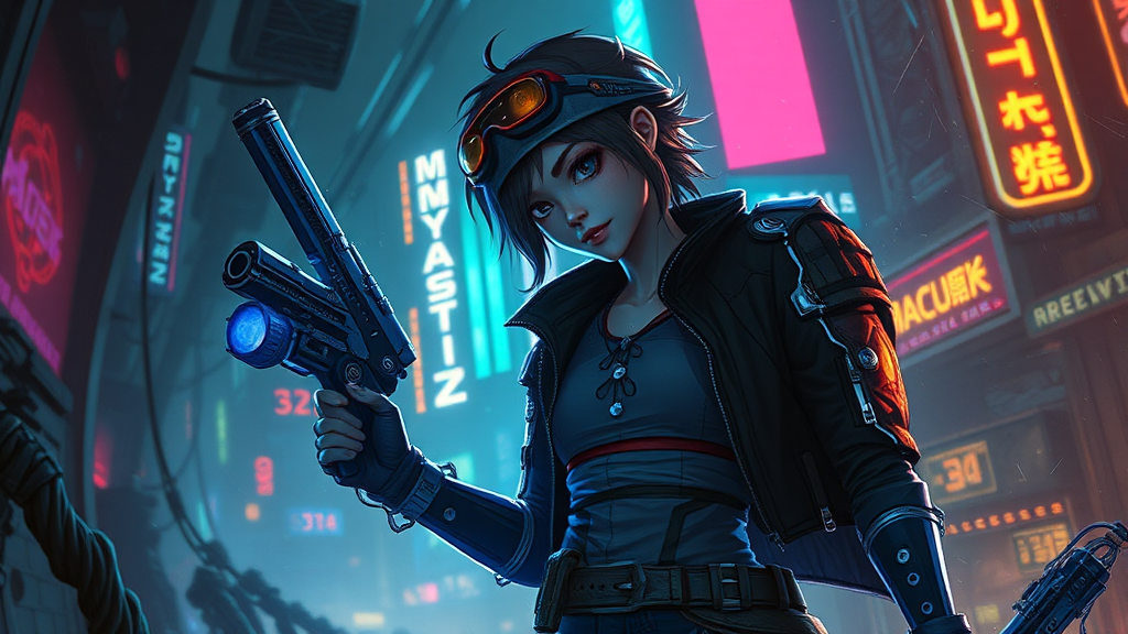 Lucy is a wizard in futuristic cityscape.