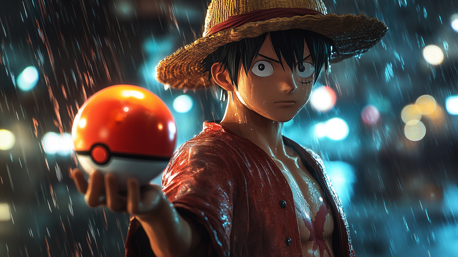 Luffy in pokeball, cinematic lighting, hyper realistic photography