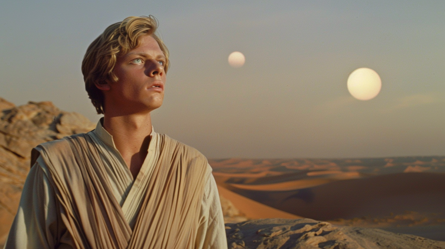 Luke in beige tunic gazes at twin suns.