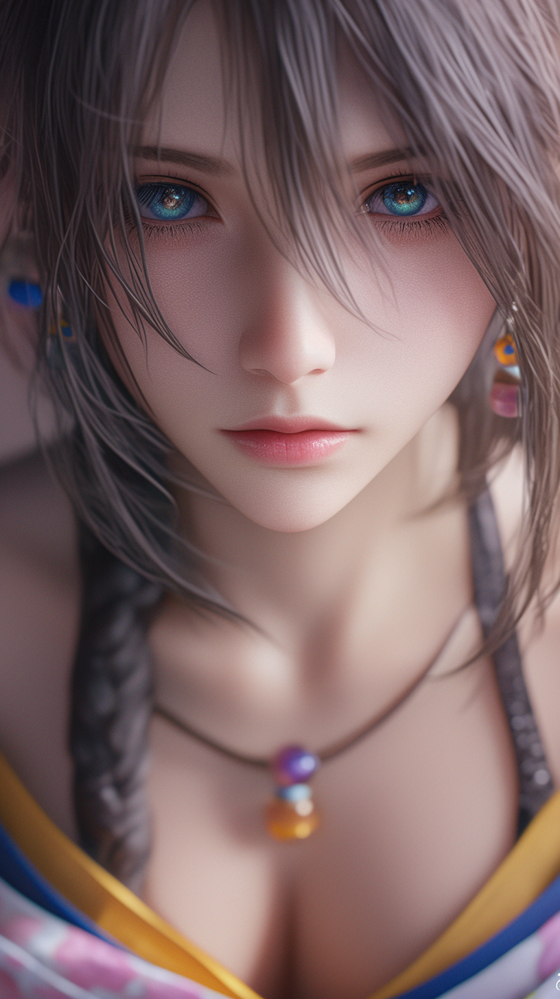 Lulu from Final Fantasy X, bright eyes, hyper realistic.