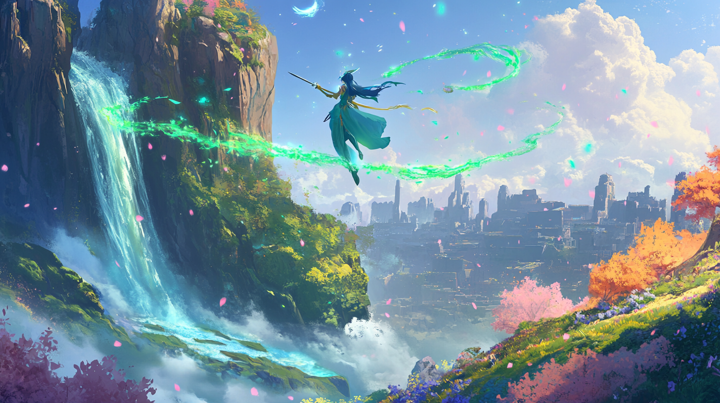 Lumine unleashes ultimatum power against colorful landscape.