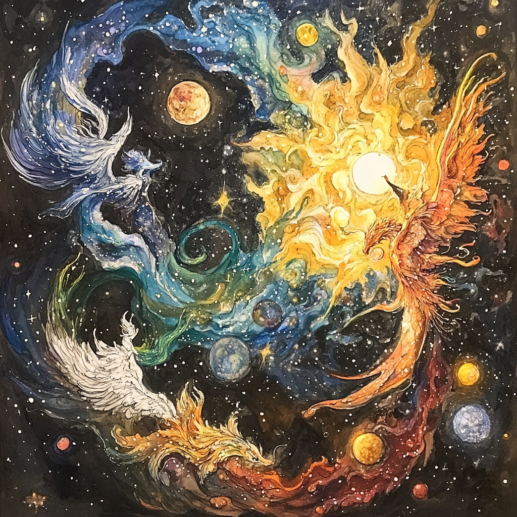 Luna and Sol Riding Cosmic Creatures Amid Vortex