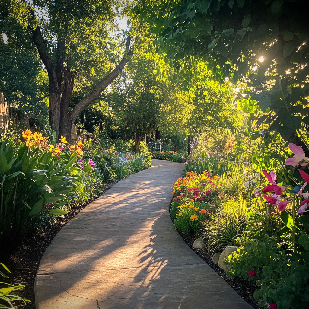 Lush Garden Path with Colorful Flowers in Soft Light