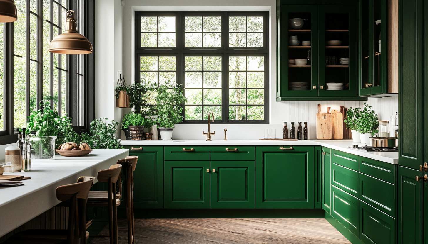 Lush Green Kitchen Cabinets in Modern Airy Space