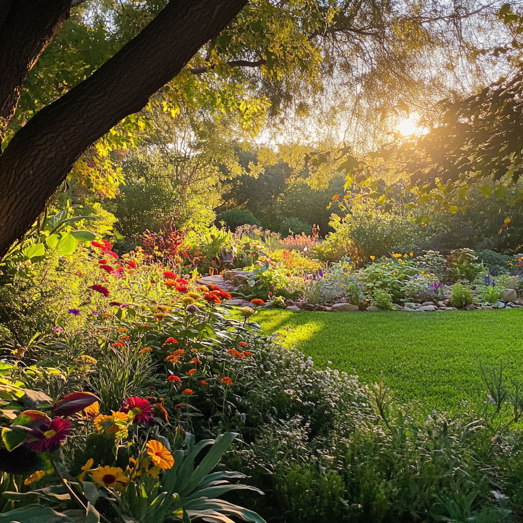 Lush evening garden with colorful flowers and golden light.