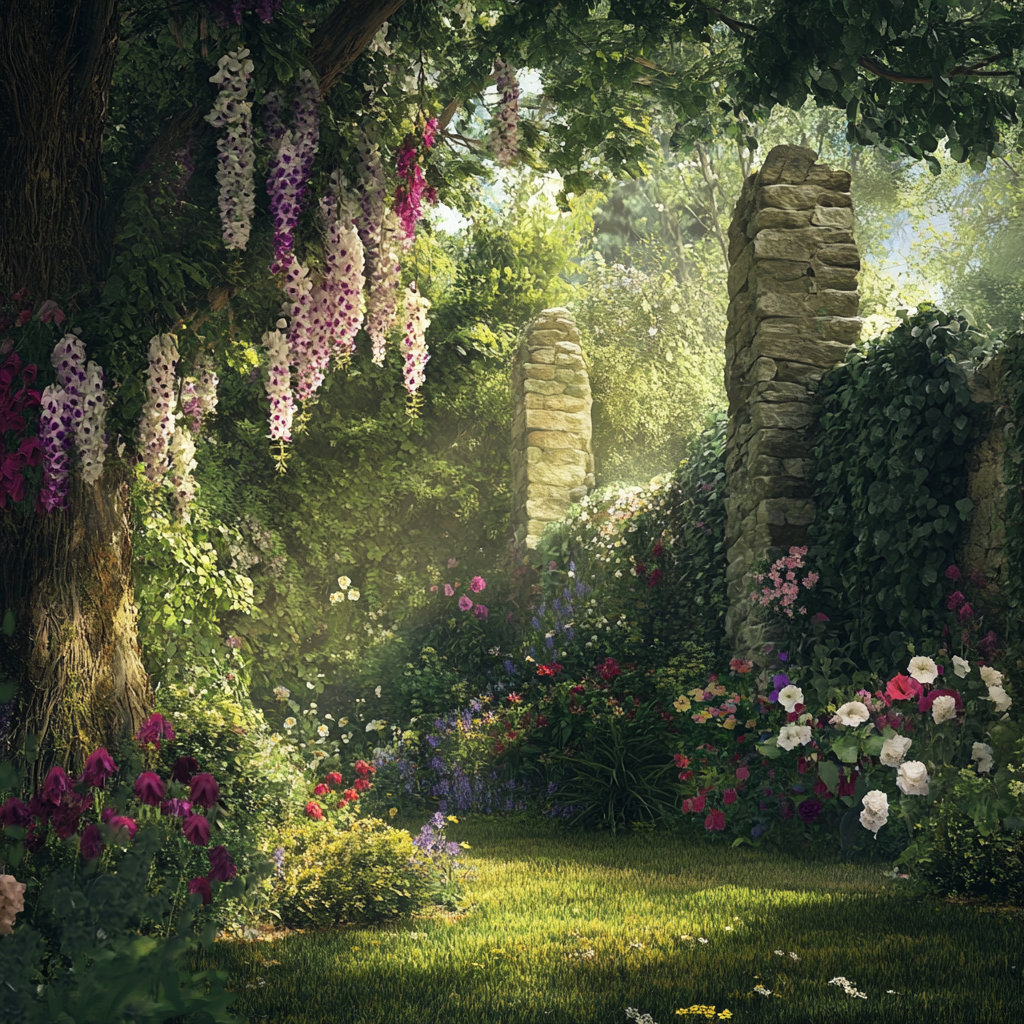 Lush garden with tall trees, blooming flowers, soft light.