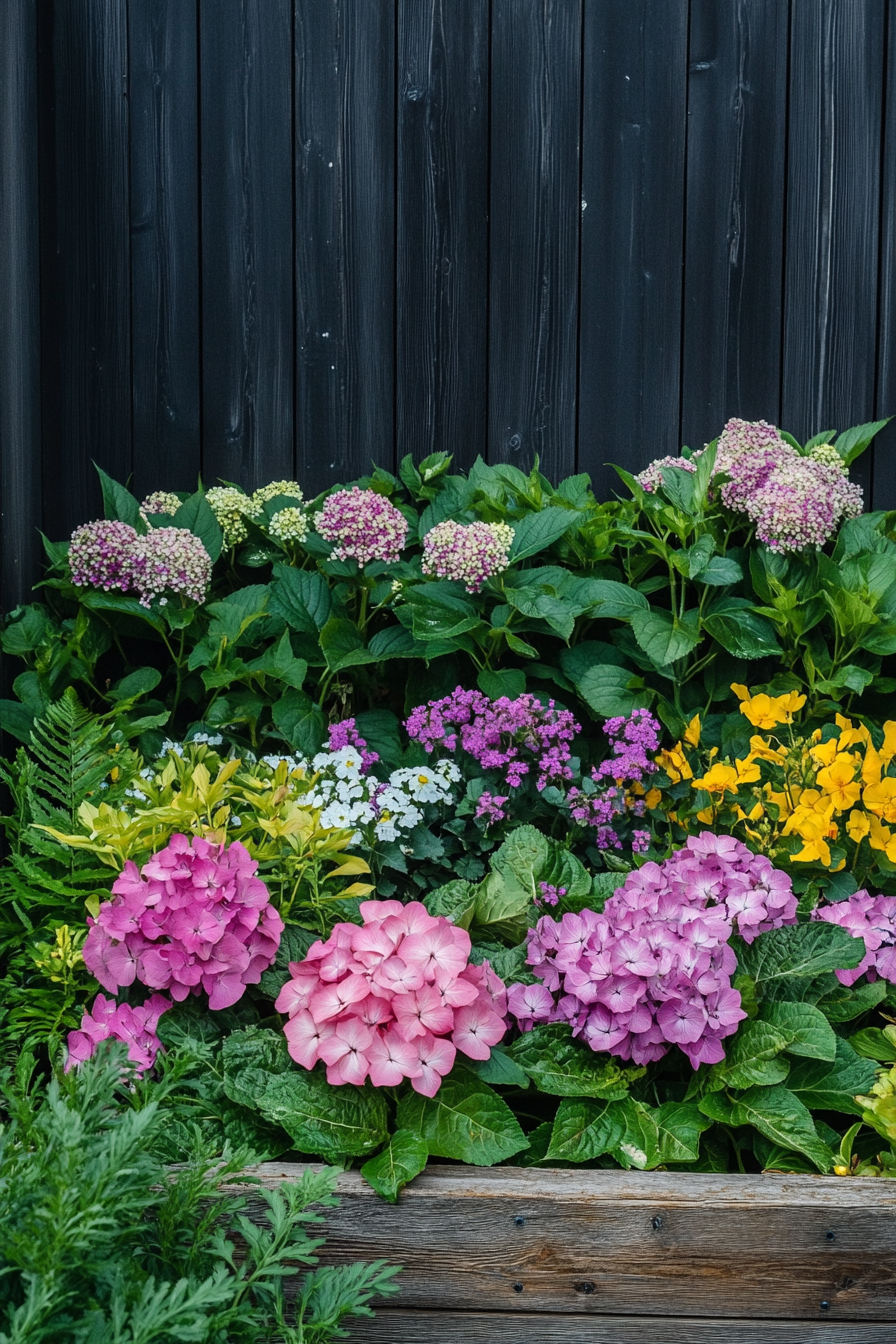 Lush garden with variety of colorful flowers and plants.