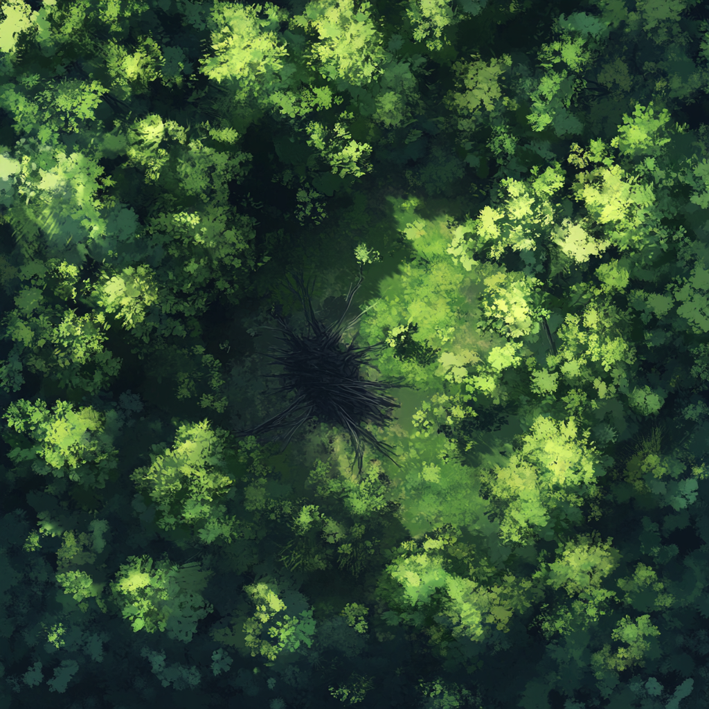 Lush green forest from above, black rot consuming.