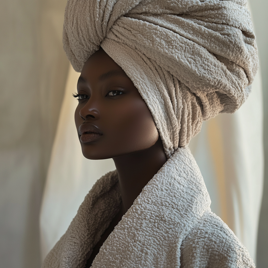 Luxurious Bathrobe Fashion Model in Softly Lit Bathroom