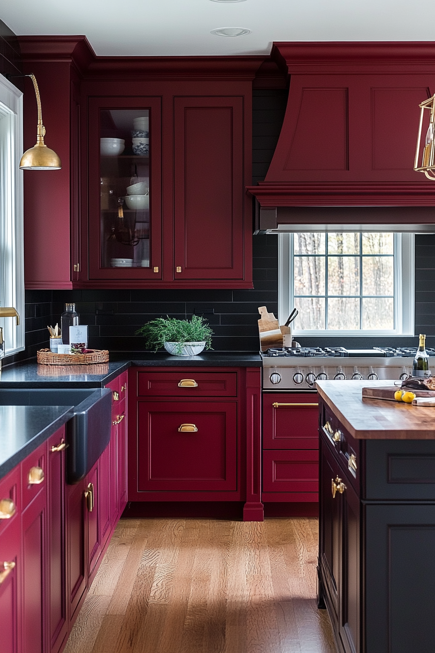 Luxurious Burgundy Bliss Kitchen with Elegant Gold Fixtures