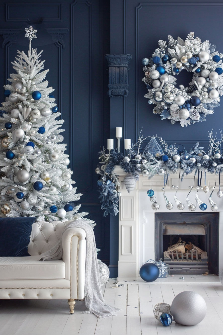 Luxurious Christmas-themed living room with navy wall.