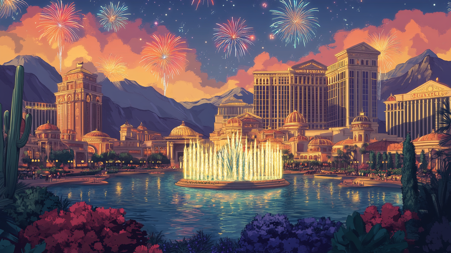 Luxurious Cityscape with Five Casinos and Fireworks