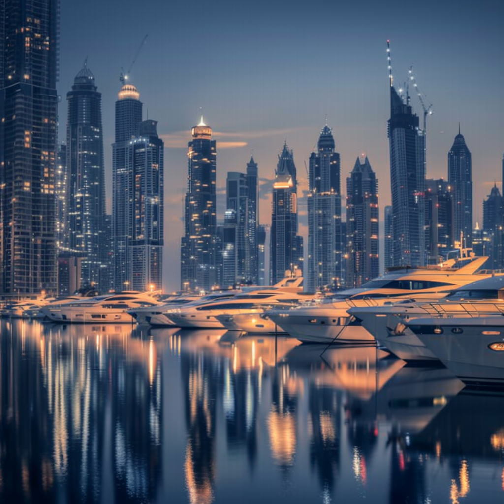 Luxurious Dubai skyline at twilight with glowing lights