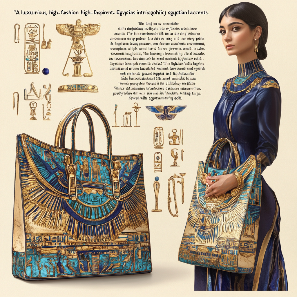 Luxurious Egyptian-inspired handbag with golden patterns and jewels.