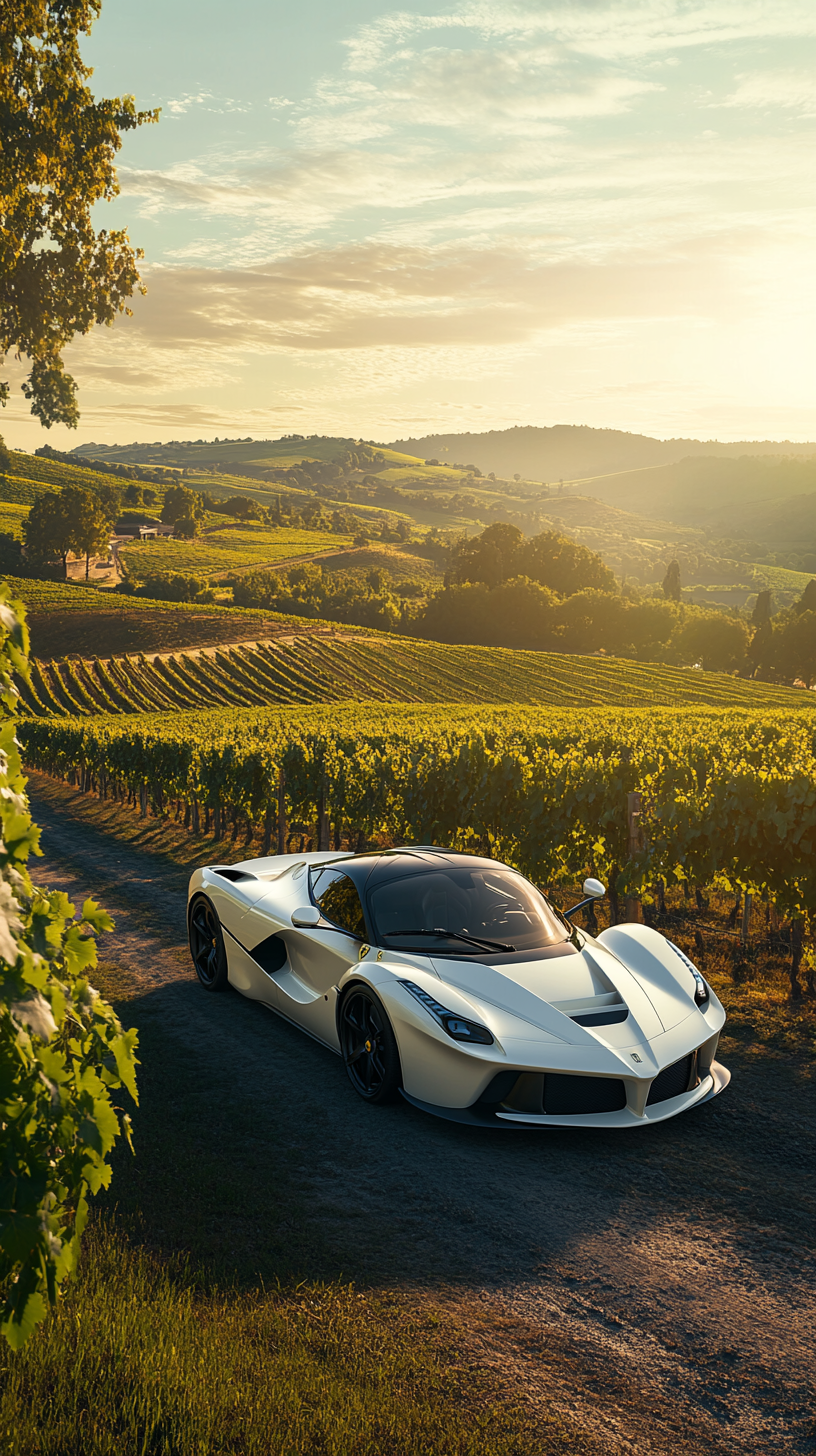 Luxurious Ferrari in vineyard at golden hour.