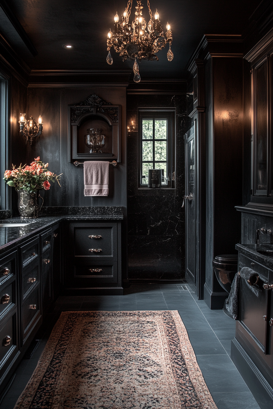 Luxurious Gothic bathroom with black marble and silver fixtures.