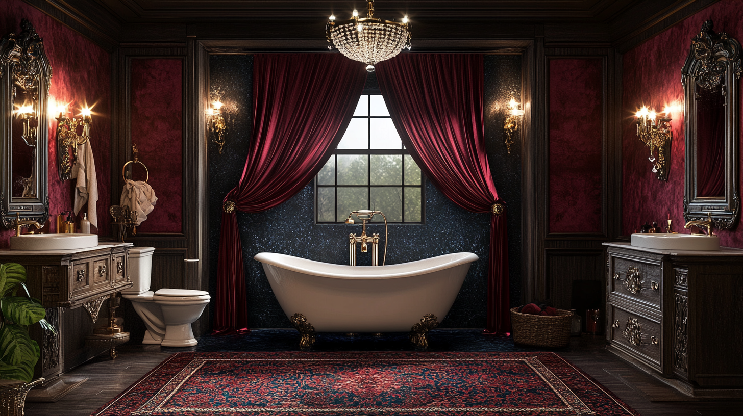 Luxurious Gothic bathroom with velvet drapes, crystal fixtures.