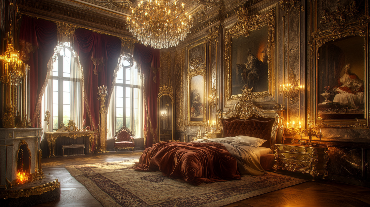 Luxurious Gothic bedroom with elegant furniture and decor.