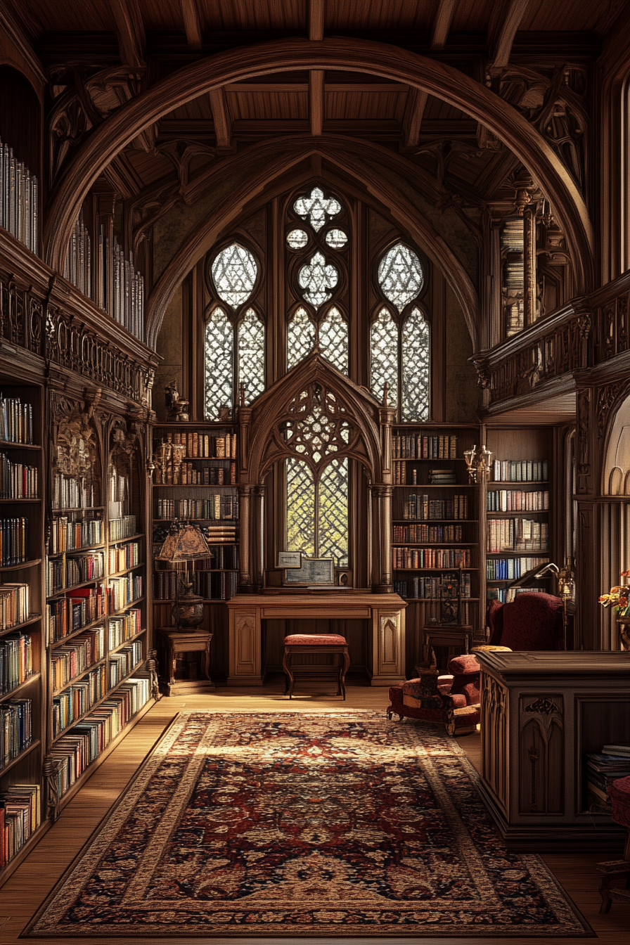 Luxurious Gothic-style library with spires and arches, books.