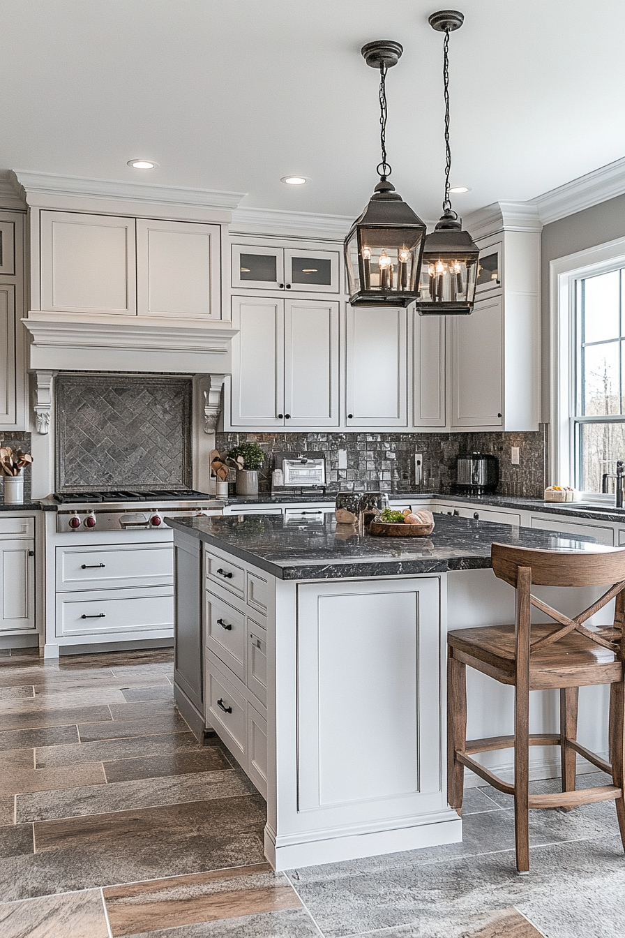 Luxurious Gray Kitchen with Marble Countertops and Appliances.