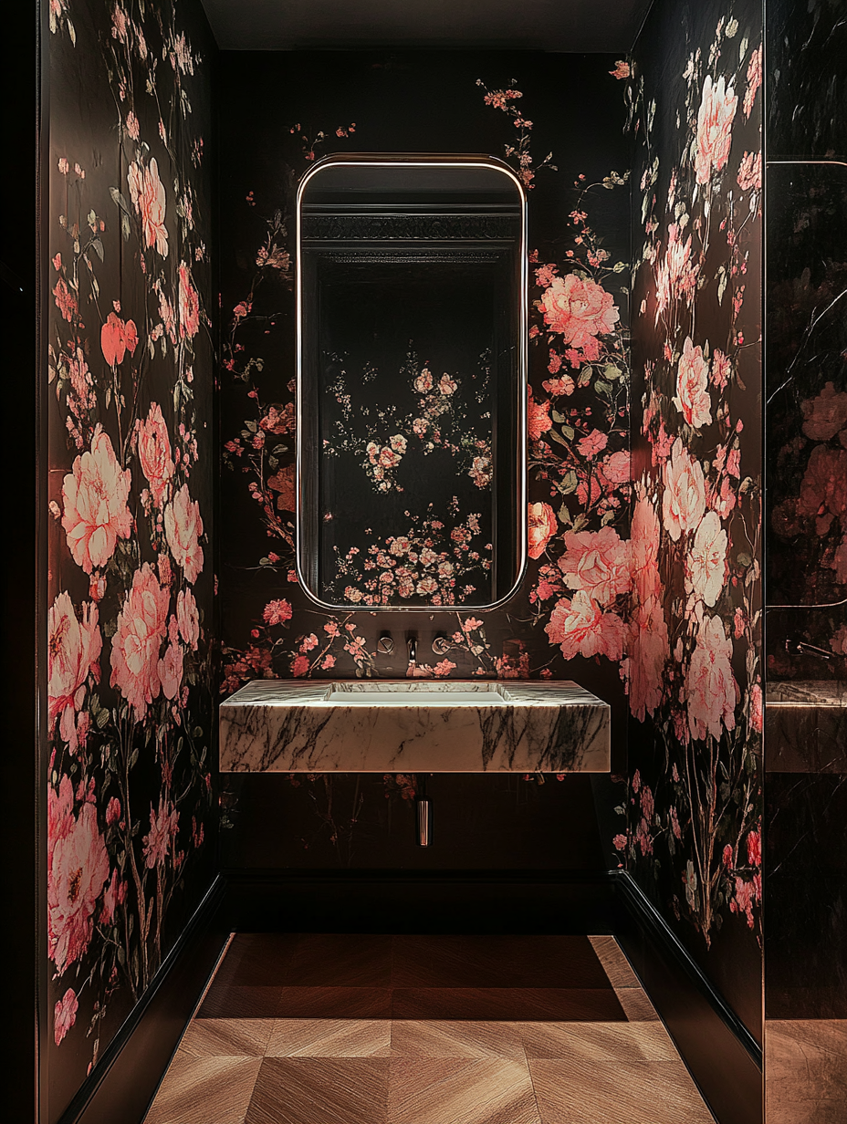 Luxurious Guest WC Design with Floral Wallpaper and Marble Sink