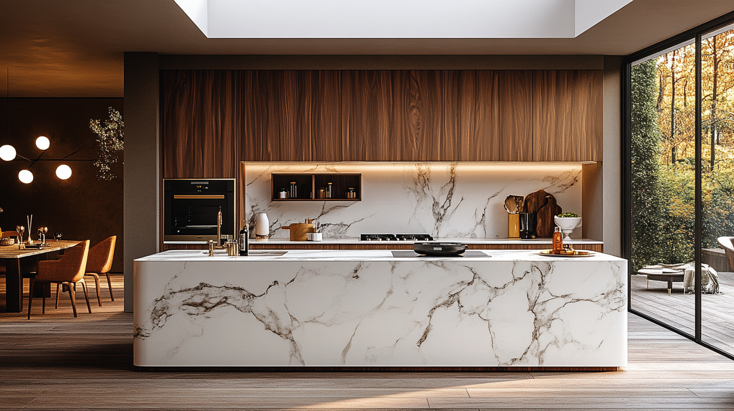 Luxurious Italian kitchen with sleek marble island, natural light.