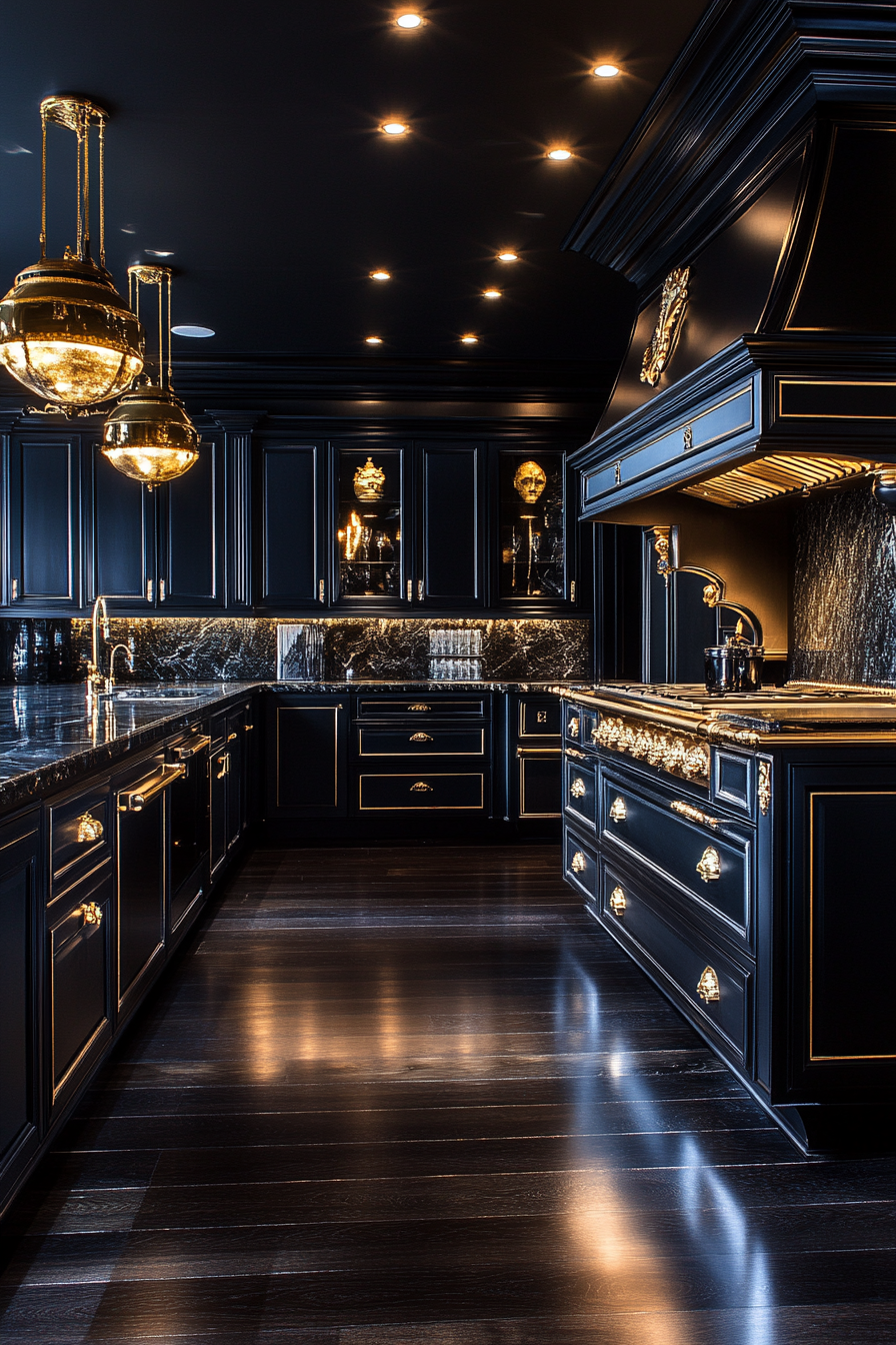 Luxurious Kitchen with Ebony Elegance Cabinets and Gold Accents